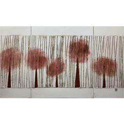 English School (Late 20th century): Abstract Tree Composition, triptych mixed media on canvas signed with monogram JP 70cm x 120cm