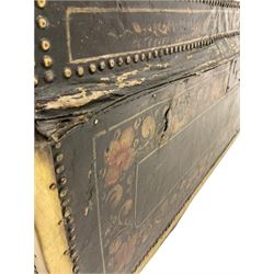 19th century Chinese export camphor wood chest, with Chinese floral decoration and brass edges, the hinged lid opening to reveal plain camphor interior W89cm, H40cm, D46cm