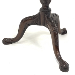  Georgian mahogany occasional table circular top with pie crust edge and bird cage bracket raised on leaf carved pedestal and triple splay supports with ball and claw feet, D62cm, H72cm  