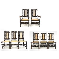 Set eight (6+2) late Victorian dining chairs of 18th century design, the crest rail carved with cherubs and foliate, spiral turned uprights flanking carved foliate and cane back rest, over cane seat and spiral turned supports and stretchers W61cm