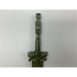Oriental green hardstone ornamental sword with cross guard and figure carved hilt L59cm