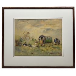 Frederick (Fred) Lawson (British 1888-1968): Caravans at the Redmire Feast, watercolour signed 35cm x 45cm