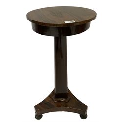 19th century rosewood occasional table, the circular top over tricorn base, raised on turned feet