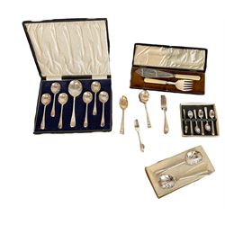 Cased set of plated fruit spoons, fish servers and other cutlery