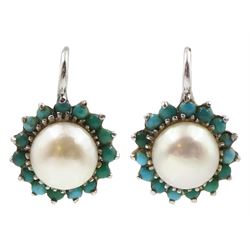 Pair of 18ct white gold pearl and turquoise lever back cluster earrings, stamped 750