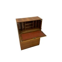 Teak chest with one fall front drawer over two cupboards, raised on a plinth base
