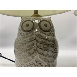 Pair of glazed pottery table lamps, each modelled as Owls, including shade H46cm