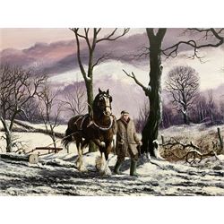 Royce Harmer (British 20th century): Shire Horse and Farmer Ploughing in a Winter Landscape, oil on canvas signed 45cm x 60cm