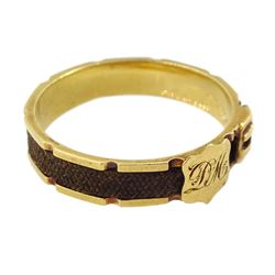 Victorian gold plaited hair, buckle design mourning ring, the shield engraved with initials DM