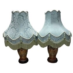 Pair Japanese Lamps with celebratory decoration and blue shades H69cm