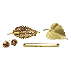  Two gold leaf brooches, pair of gold knot stud earrings and a gold bar brooch, all 9ct stamped or hallmarked  
