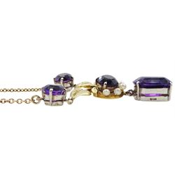 9ct gold four stone oval and round amethyst and pearl pendant, suspending from a trace link necklace, Birmingham 1962