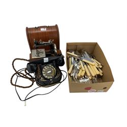 Belgian FTR telephone in bakelite case, child's Federation sewing machine and a quantity of cutlery