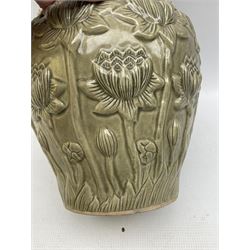Art Nouveau style pottery vase relief moulded with Sunflowers, H22cm together with a carved earthenware bowl (2)