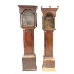  19th century longcase clock case, with dentil cornice (H208cm) and another oak longcase clock case (H205cm)  