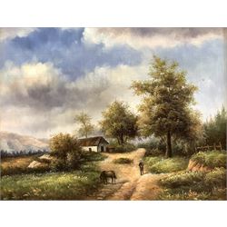 Continental School (20th century): Countryside Landscape with Figures and Sheep, pair oils on board one signed 'Cross' 19cm x 24cm (2)