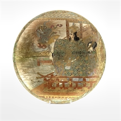 19th century Japanese Satsuma charger, painted and enamelled with a figure of a Samurai warrior with a maiden behind and female immortal on a dragon, D35cm 

