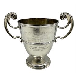 Silver two handled challenge cup 'Cleckheaton E Company Trophy' Duke of Wellington's Regiment presented by J G Mowat H20cm marks rubbed but makers mark for Charles Stuart Harris 32oz