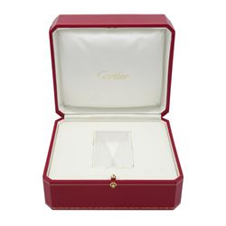 Cartier ladies 18ct gold quartz wristwatch, Ref. 2242, case No. 355259MG, silvered dial with Roman numerals and secret signature at 10, cabochon sapphire crown, stamped 18K and hallmarked, on brown leather strap with original 18ct gold buckle, stamped 750, boxed