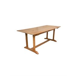 20th century oak dining table, the rectangular top raised on four square supports W183cm, H72cm, D77cm 