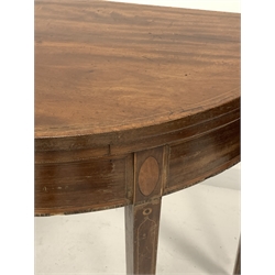 Georgian mahogany demi lune fold over tea table, top and frieze inlaid with boxwood and chequered stringing, raised on square tapered supports, 91cm x 45cm, H73cm