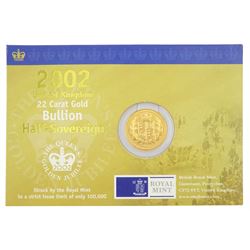Queen Elizabeth II 2002 gold half sovereign coin, on card
