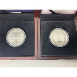 Silver coins and medallions including Bailiwick of Guernsey 2016 'Prince Philip 95' five pounds, two Bailiwick of Guernsey 2017 'Platinum Wedding Anniversary' five pounds etc, all cased with certificates (8)