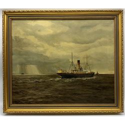 George Dickinson (British 20th century): 'Steamer Macclesfield Entering the Humber' oil on canvas signed and dated 1957, titled verso 50cm x 60cm