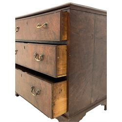 Small George III pollard oak chest, moulded rectangular top with boxwood stringing, fitted with three graduating cock-beaded drawers, on bracket feet