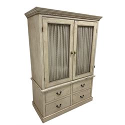 Painted pine cabinet, projecting cornice with egg and dart decoration, fitted with two cupboard doors over four drawers 