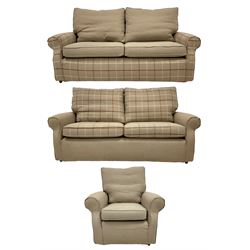 Three piece lounge suite, upholstered in neutral and checkered fabric - pair two seat sofas (W195cm, H105cm), and single armchair (W95cm, H97cm), with arm covers