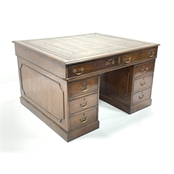 Victorian mahogany twin pedestal partners desk, the top with tooled leather inset writing surface and four drawers, raised on two pedestals fitted with six drawers and opposite two cupboards, 123cm x 106cm, H75cm
