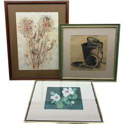Winifred Pickard (British 1908-1996): 'Magnolia,' limited edition colour print signed titled and numbered 41/75 in pencil; Julie Barham (British Contemporary): Dandelions and Thistles, watercolour and ink signed and dated '89; Neil Lewty (British Contemporary): Still Life of Plant Pots, charcoal signed max 56cm x 40cm (3)