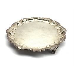  Late Victorian small silver salver with shell moulded piecrust border and claw and ball feet D20cm Sheffield 1897 Maker Martin Hall & Co. 12.2oz   