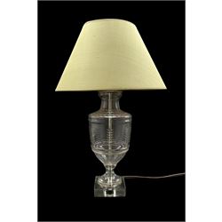 Glass baluster table lamp and shade with etched decoration on a perspex base H38cm excluding fitting 