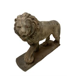 Pair of reconstituted stone garden lions, on square base L75cm
