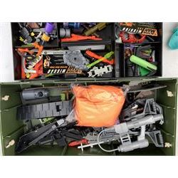 Action Men and accessories, including Hasbro 1995 Dr X, six Action Man figures various dates and hair types, spare clothing, Action Man accessories box, swords, guns and other weapons etc