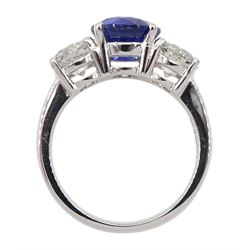 18ct white gold three stone fine 'Kashmir colour' round sapphire and diamond ring, hallmarked, sapphire approx 2.20 carat, total diamond weight approx 1.50 carat
