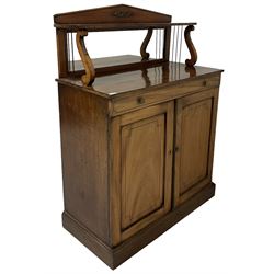 19th century mahogany chiffonier, the raised back with fitted shelf over base, with one faux drawer over two cupboard doors, opening to reveal one fixed shelf, raised on a plinth base  