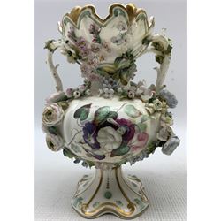 Coalbrookdale type floral encrusted twin handled pot pourri and cover, of baluster form, hand painted with panels of Game Birds on gilt scroll moulded base, H31cm and a similar vase of baluster form hand painted to both sides with floral sprays, puce painted pattern number beneath 3463, H18.5cm (2)