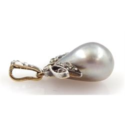19th century silver and gold pearl and diamond pendant, silver grey pear shaped pearl suspended from old cut diamond set leaves and diamond set bail
