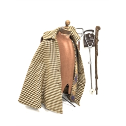 Vintage Scottish tweed cape with horn buttons by J Ritchie, two shooting sticks and a club
