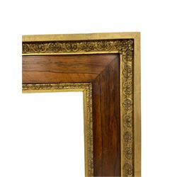 19th century rosewood and gilt stepped rectangular frame, the central rosewood panel flanked by repeating moulded cartouche and scroll decoration, aperture 79cm x 66cm