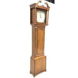 Early 19th century oak country 30 hour longcase clock, swan neck pediment over mahogany banded frieze and square glass, white enamel dial with Arabic chapter ring, painted spandrels and date aperture inscribed 'Jn Bishop, Redmire' H203cm