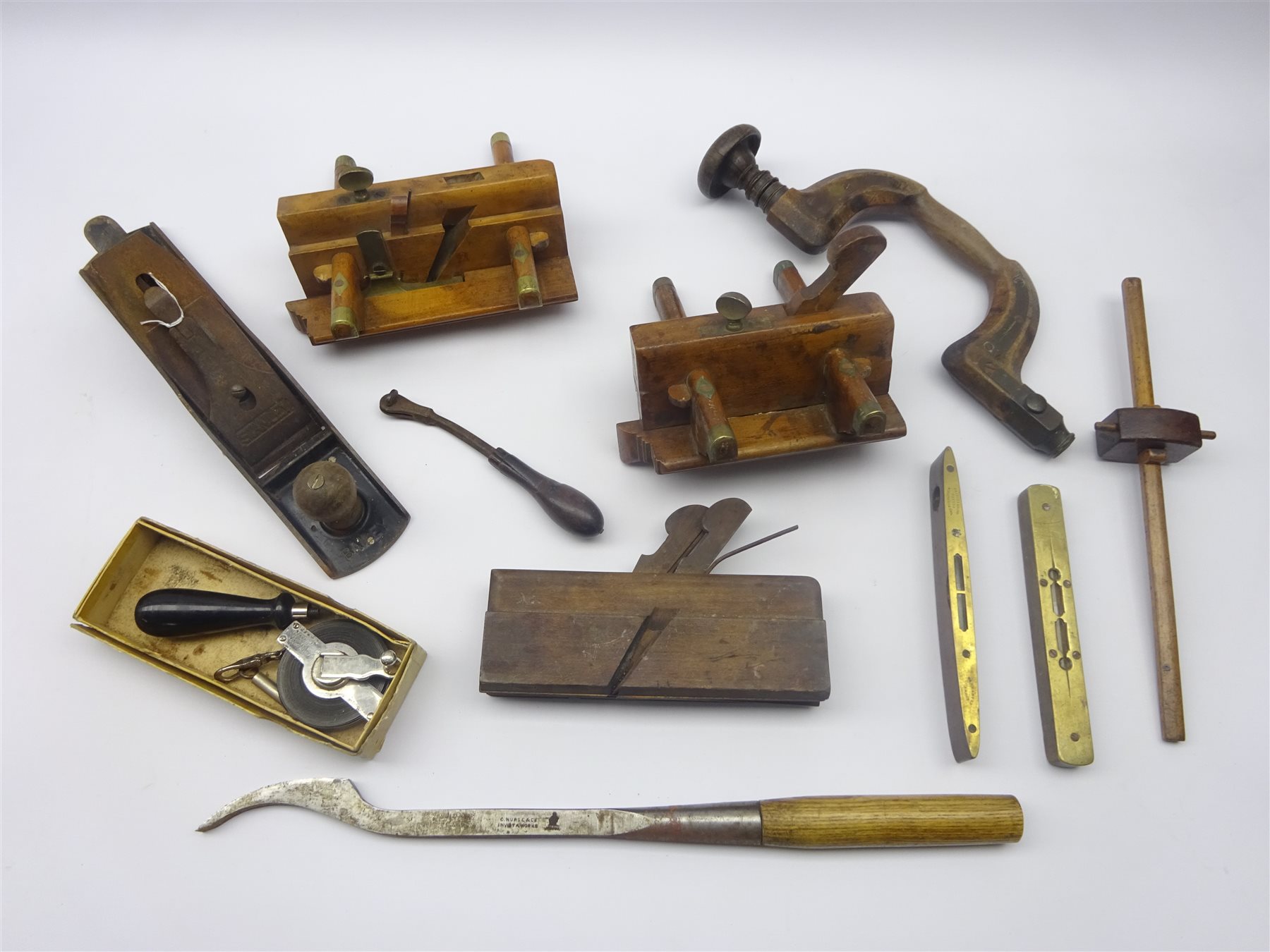 Collection Of 19th Century And Later Woodworking Tools Including Brass Bound Moulding Planes Stanley Smoothing Plane Brace Lock Mortise Chisel Level The Lufkin Rule Boxed And Other Tools The York Collectors