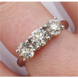 18ct white gold round brilliant cut three stone diamond ring, hallmarked, total diamond weight approx 1.55 carat