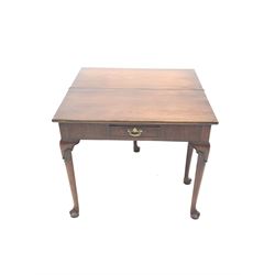 George II mahogany fold over tea table, with gate leg, single frieze drawer, raised on turned supports with cartouche shaped knees and pad feet, 81cm x 40cm, H71cm