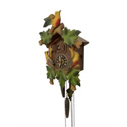 German - 1960’s 30-hour musical cuckoo clock, with with applied coloured and carved detail to the case, traditional dial and hands with cuckoo and automata figure, three-train chain driven movement sounding the hours and half hours with a cuckoo call and coiled gong.
With weights and pendulum.