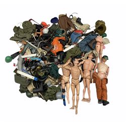 Three Action Man figures, each marked 'Made in England by Palitoy under licence from Hasbro 1964', a further part figure and various accessories including diving helmet, clothing, weapons etc