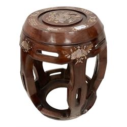 20th century Chinese hardwood and mother of pearl inlaid stand, inlaid with floral design, circular bulbous form with pierced supports and rails